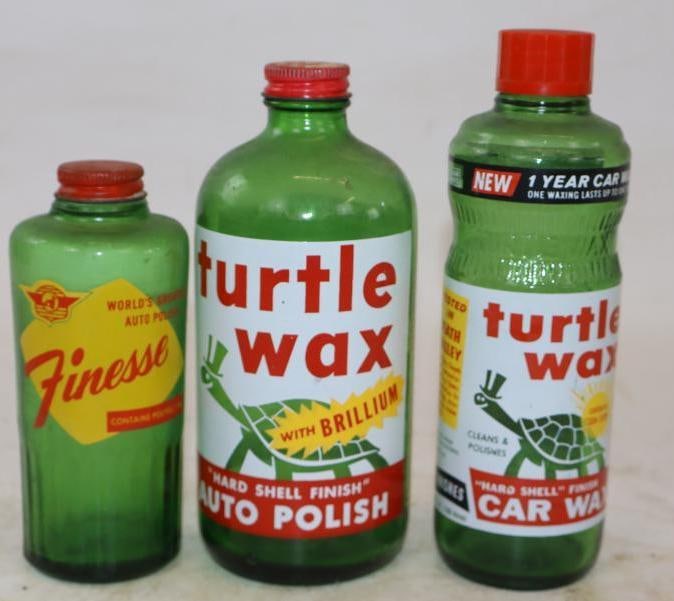 Group of 3 Different Turtle Wax & Finesse Advertising Glass Bottles: Largest is 16 oz