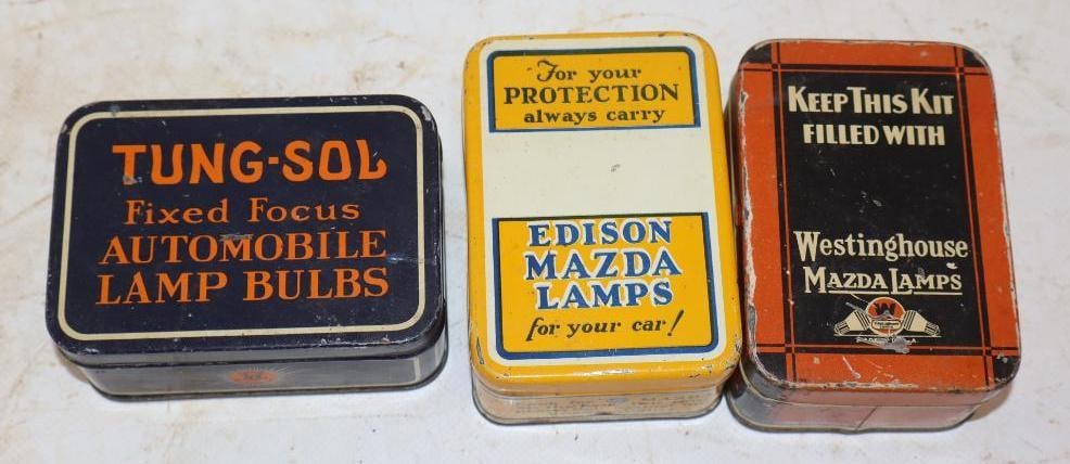 Group of 3 Tung-Sol, Edison, & Westinghouse Automobile Lamp Bulb Tins (1 of 3)
