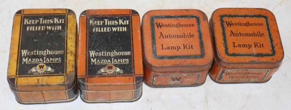 Group of 4 Westinghouse, Mazda Automobile Lamp Bulb Tins: Largest is 3.5" x 2.5" x 1.5" all are empty