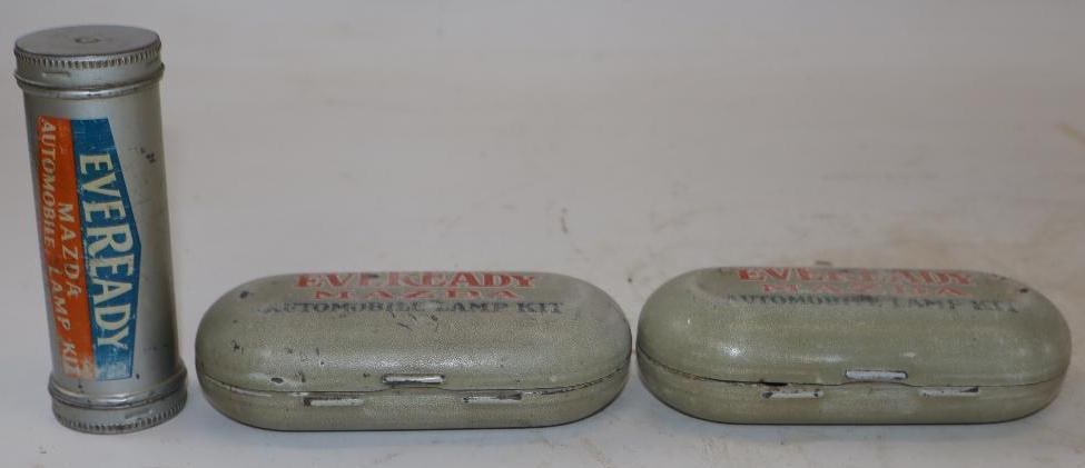 Group of 3 EverReady Mazda Automobile Lamp Bulb Tins: Largest is 5" x 2.5" x 1.5" all are empty