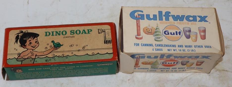 Group of 2 Sinclair Dinosoap & Gulf Wax Boxes: Largest is 5" x 2.5" x 2.75" Sinclair has soap, Gulf has one bar of wax