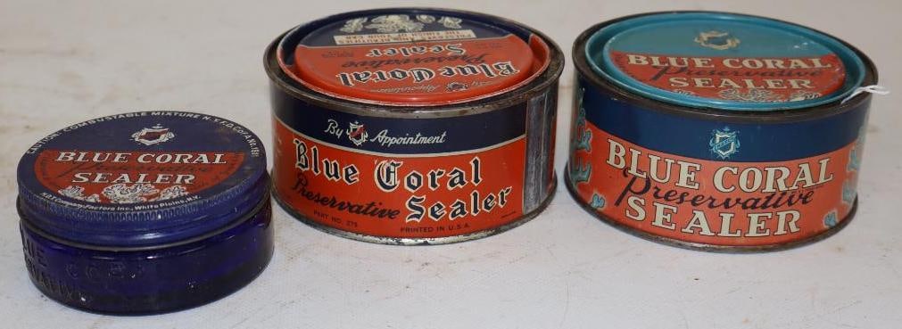 Group of 3 Blue Coral Sealer, Wax Cans & Jar: Largest is 8 oz