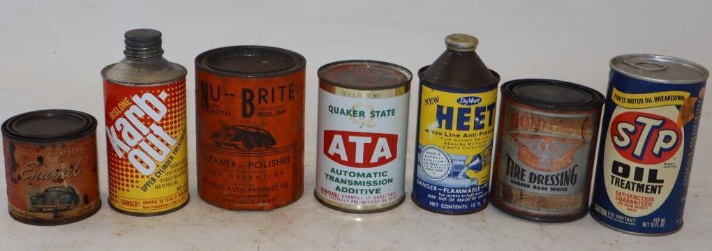 Group of 7 Tire Dressing, Oil Additive, Car Wash & Enamel Automotive Cans: Largest is 15 oz