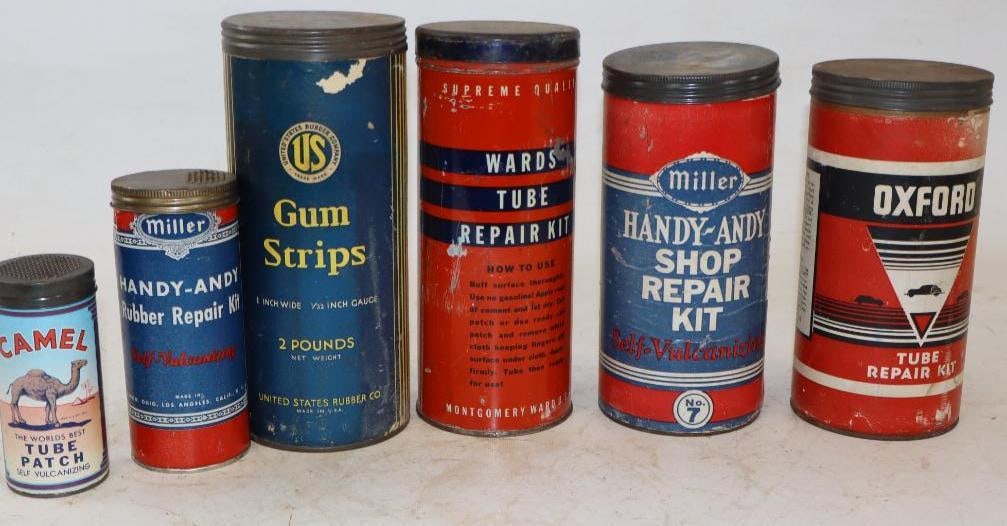 Group of 6 Tire Tube Repair Cans: Largest is 3.75" x 3.75" x 8.75"