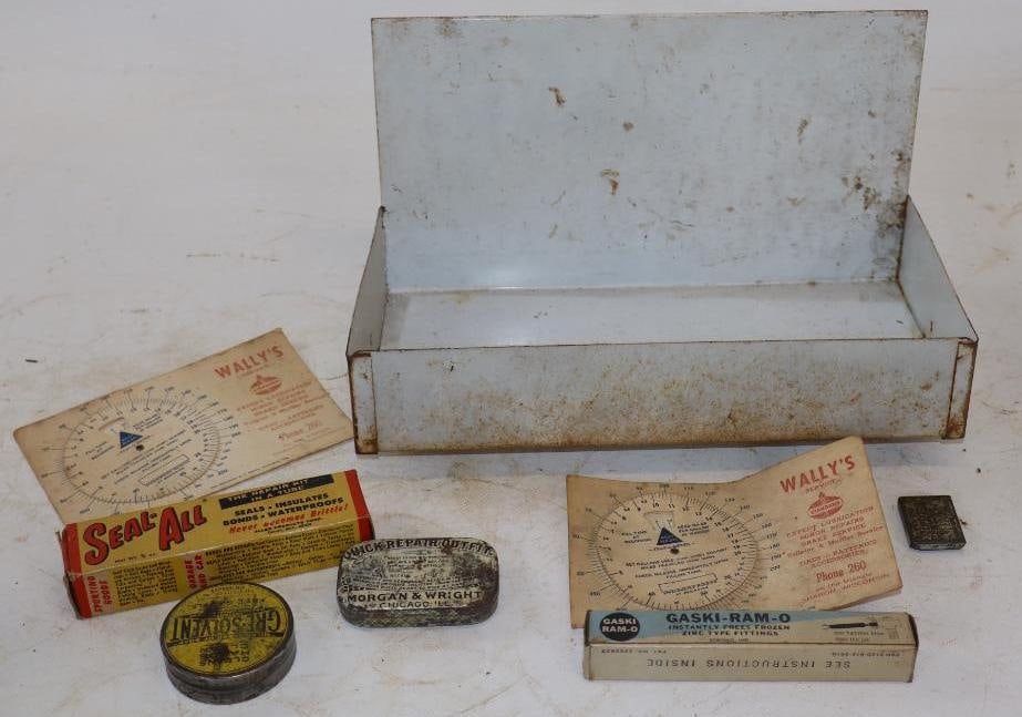 Group of 8 Automobile Repair Kit, Grease Tubes, Valve Stems, & Mileage Charts: Largest is 11" x 6" x 6"