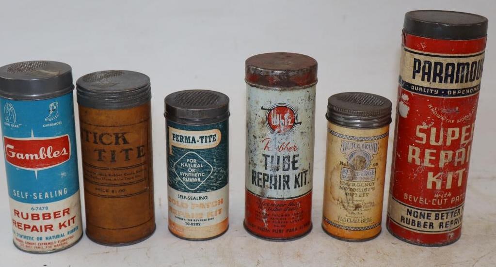 Group of 6 Tire Tube Repair Cans: Largest is 2.5" x 2.5" x 7"