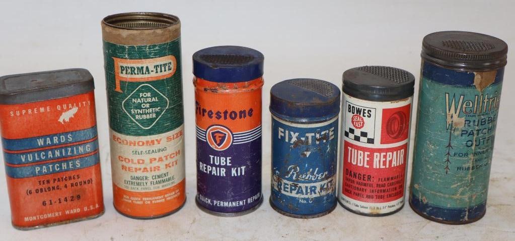 Group of 6 Tire Tube Repair Cans: Largest is 2" x 2" x 5.5"