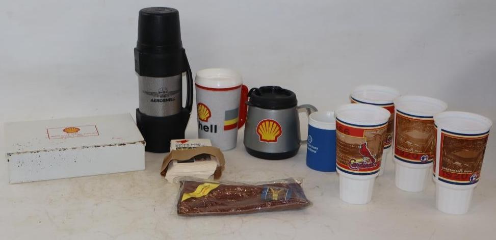 Group of 11 Aero Shell, Shell, and Wolfs Head Thermos, Cups, Safety Kit, and Weather Guides: Largest is 10.5" x 7.5" x 2.5"