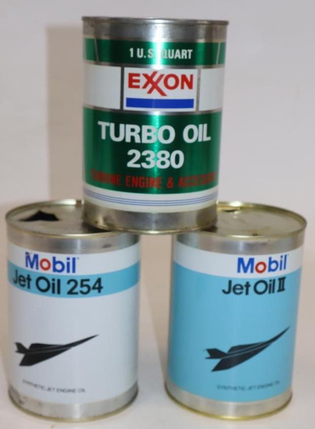 Group of 3 Exxon and Mobil Jet Turbo One Quart Metal Oil Cans: Empty. 32oz each