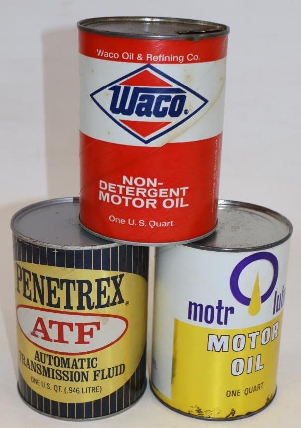 Group of 3 Cutler Packing, Waco, and Penetrex One Quart Composite Oil Cans: Empty. 32oz each