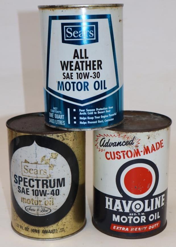 Group of 3 Havoline, and Sears One Quart Metal Oil cans: Empty. 32oz each