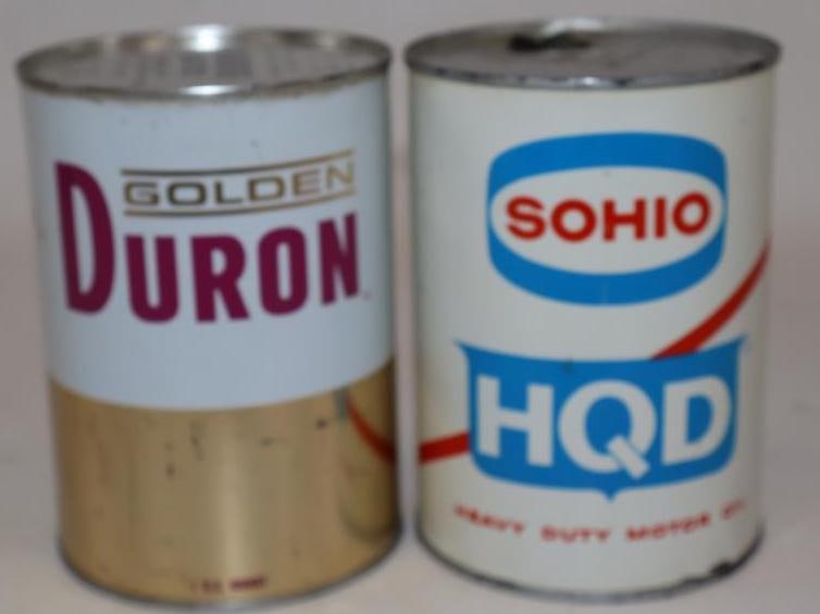 Group of 2 Sohio HQD, and Golden Duron One Quart Metal Oil Cans: Empty. 32oz each