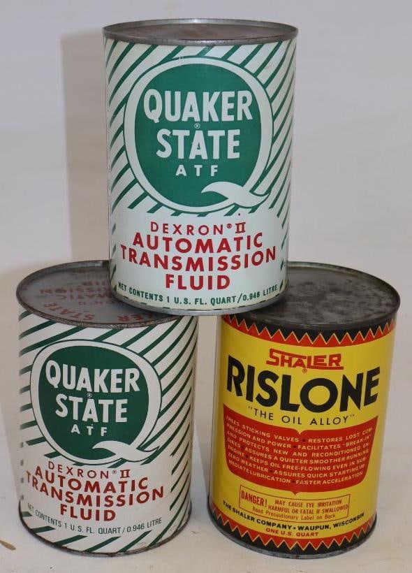 Group of 3 Quaker State, ATF, and Rizlone One Quart Metal Oil Cans: Empty. 32oz each