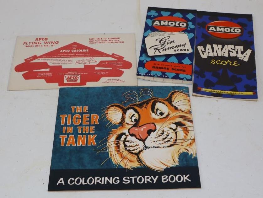 Group of 4 Amoco, Esso, and Apco Canasta and Gin Score Books, Coloring Books, and Paper Airplane: Largest is 8.25" x 7.5"