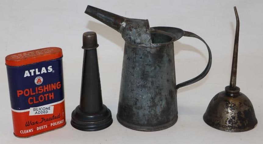 Group of 4 Atlas Polishing Cloth Tin, Oil Bottle Spout, 1 Quart Galvanized Pour Can & Thumb Oiler: Largest is 32 oz