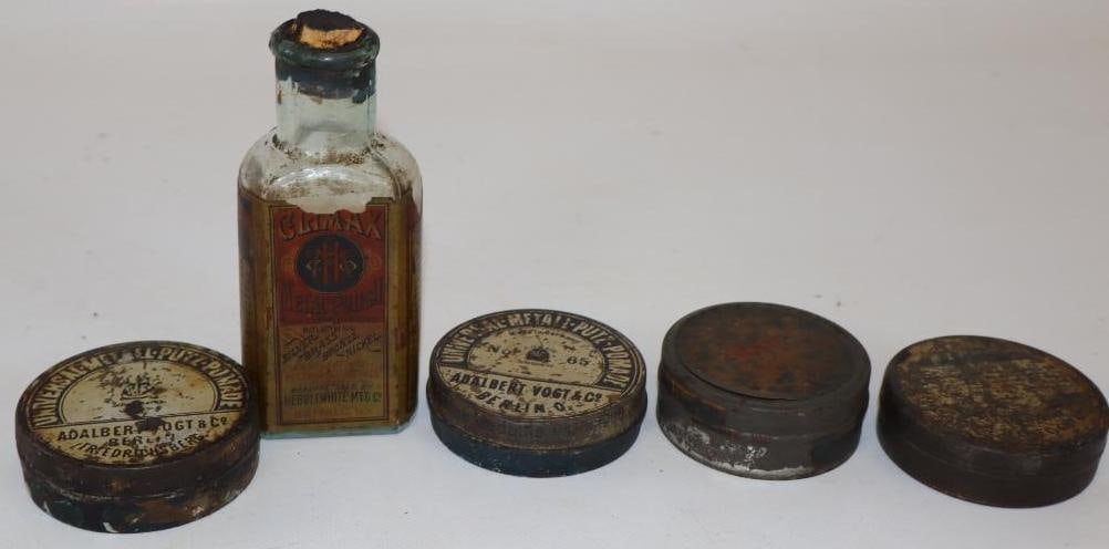 Group of 5 Universal Metal Polishing Paste & Climax Bottle with Paper Label: Largest is 6 oz