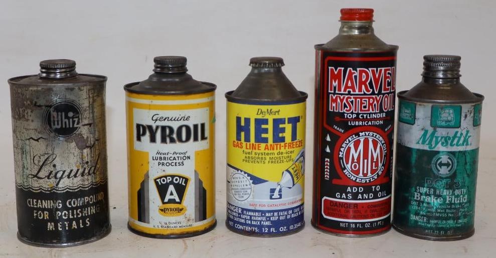Group of 5 Conetop Shaped Auto Related Oil & Antifreeze Cans: Largest is 16 oz
