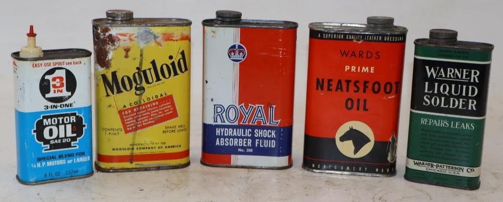 Group of 5 Automotive Additive Advertising Metal Cans: Largest is 16 oz