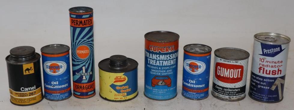 Group of 8 Auto Additive Related Advertising Cans: Largest is 12 oz