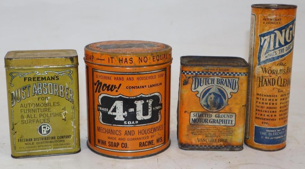 Group of 4 Auto Related Polishing Cloth Tins, Hand Cleaner, & Graphite Cans: Largest is 2 lbs 14 oz