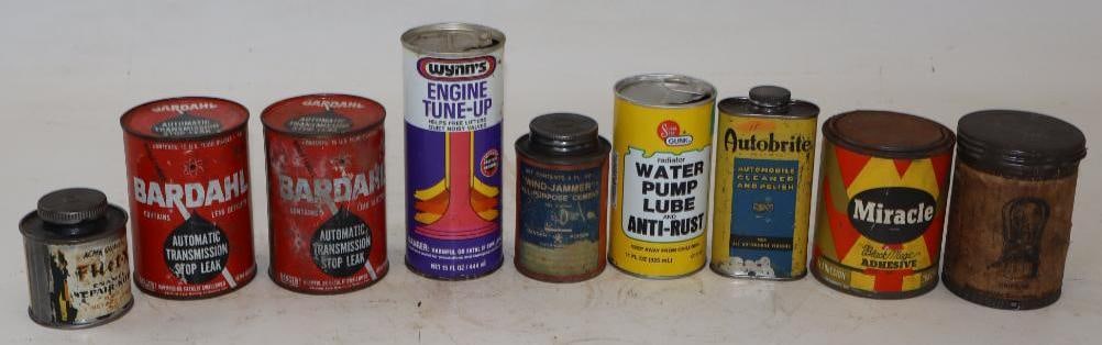 Group of 9 Auto Additive Advertising Cans: Largest is 15 oz