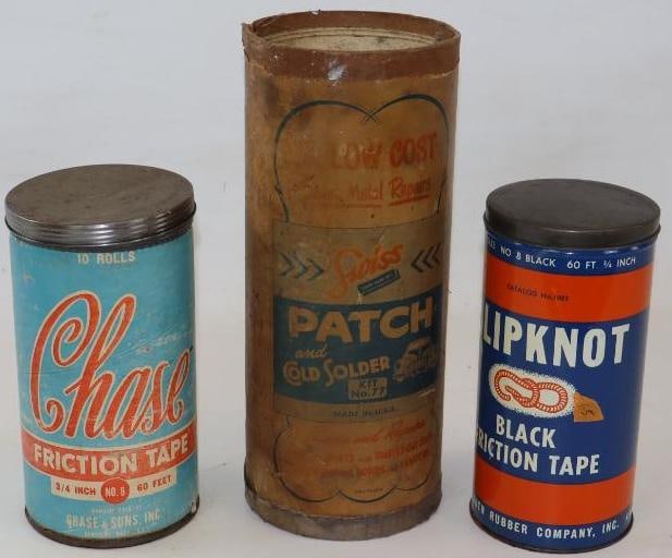 Group of 3 Slipknot, Chase, & Swiss Friction Tape & Cold Solder Canisters: Largest is 5" x 5" x 12.5" Swiss is missing lid