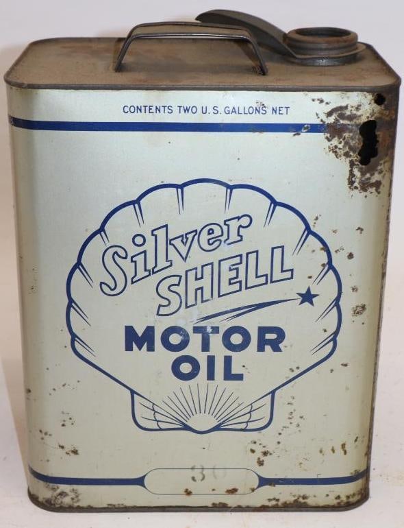 Silver Shell Two Gallon Oil Can: Missing cap. 8.5" x 5.5" x 11.5"