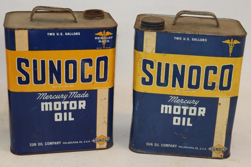 Group of 2 Sunoco Mercury Made Two Gallon Oil Cans: One is missing cap. 8.5" x 5.5" x 11.5" each