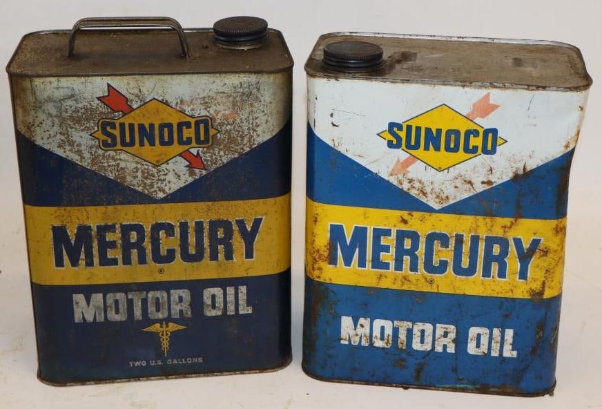 Group of 2 Sunoco Mercury Two Gallon Oil Cans: One is missing handle. 8.5" x 5.5" x 11.5" each