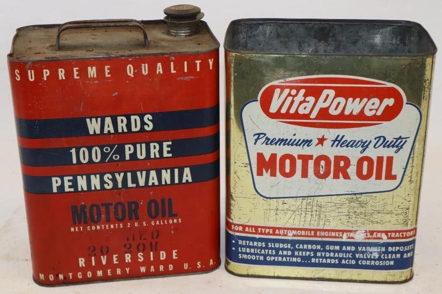 Group of 2 Ward's and Vita Power Two Gallon Oil Cans: Vita Power is missing top. 8.5" x 5.5" x 11.5" each