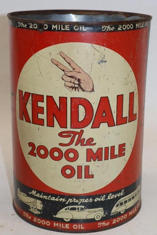 Kendall 2000 Mile Five Quart Metal Oil Can: Missing top lid. 6.5" x 6.5" x 9.5"