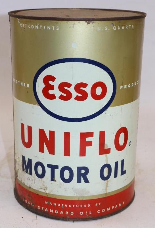 Esso Uniflow Five Quart Metal Oil Can: 6.5" x 6.5" x 9.5"