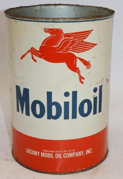 Mobiloil Five Quart Metal Oil Can: Missing top lid. 6.5" x 6.5" x 9.5"