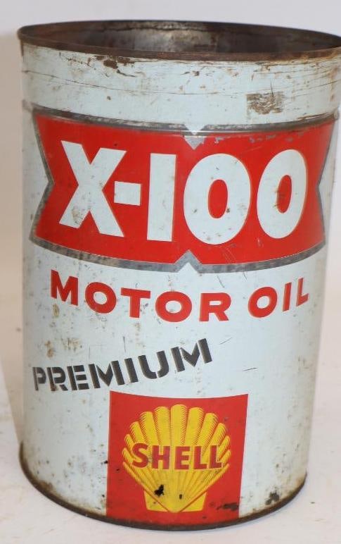Shell X-100 Premium Five Quart Metal Oil Can: Missing top lid. 6.5" x 6.5" x 9.5"