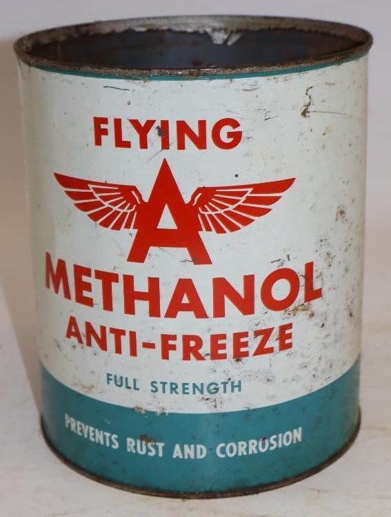 Tide Water Flying A Methanol Anti-Freeze One Gallon Metal Oil Can: Missing top lid. 6.5" x 6.5" x 7.75"