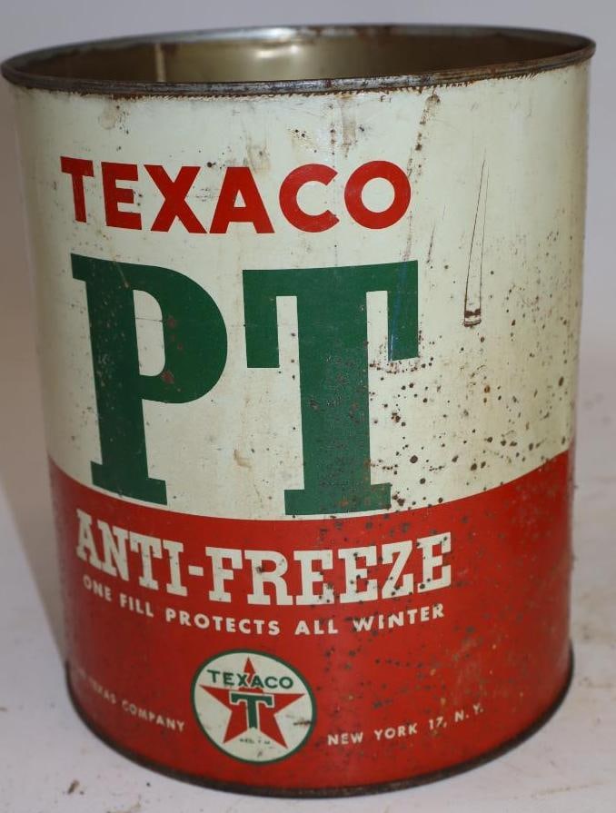 Texaco PT Anti-Freeze One Gallon Metal Oil Can: Missing top lid. 6.5" x 6.5" x 7.75"
