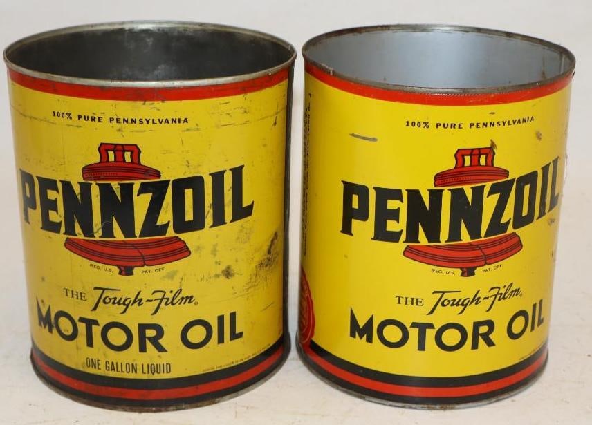 Group of 2 Pennzoil One Gallon Metal Oil Cans: Missing top lid. 6.5" x 6.5" x 7.75" each