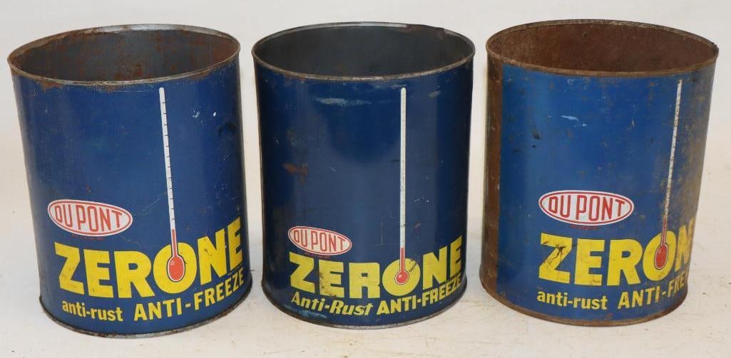 Group of 3 Du Pont Zerone Anti-Freeze One Gallon Metal Oil Cans: All are missing top lid. 6.5" x 6.5" x 7.75" each