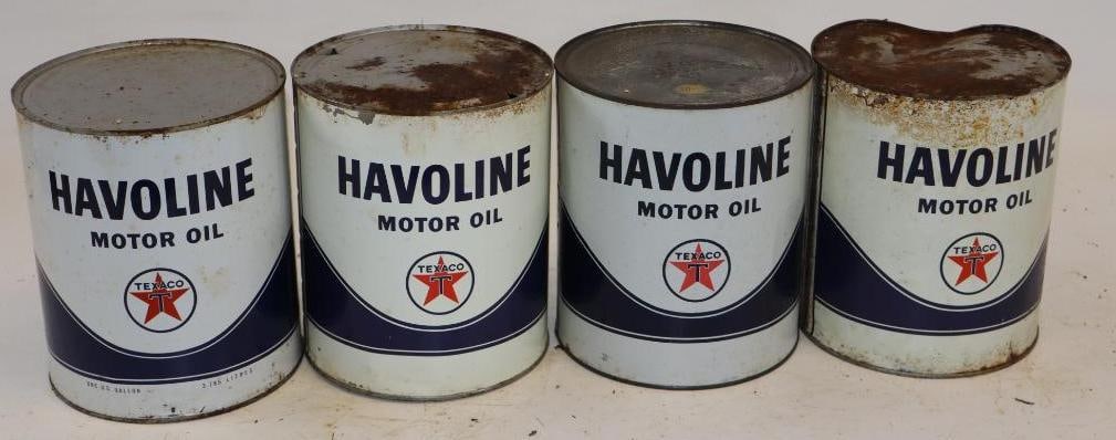 Group of 4 Texaco Havoline One Gallon Metal Oil Cans: 6.5" x 6.5" x 7.75" each