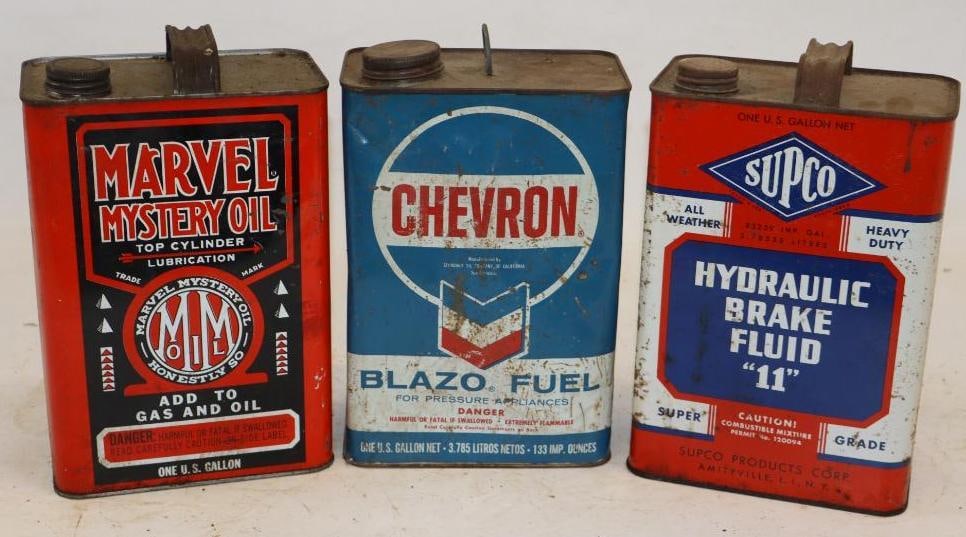 Group of 3 Marvel, Supco, and Chevron One Gallon Rectangle Oil Cans: 6.5" x 4" x 9.25" each