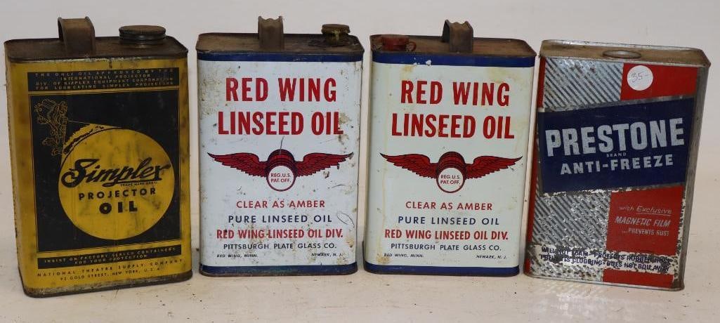 Group of 4 Eveready, Red Wing, and Simplex One Gallon Rectangle Oil Cans: 6.5" x 4" x 9.25" each