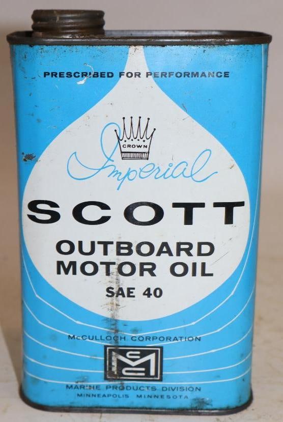 Crown Imperial Scott Metal One Quart Outboard Oil Can: Missing cap. 4.5" x 2.25" x 7.5"
