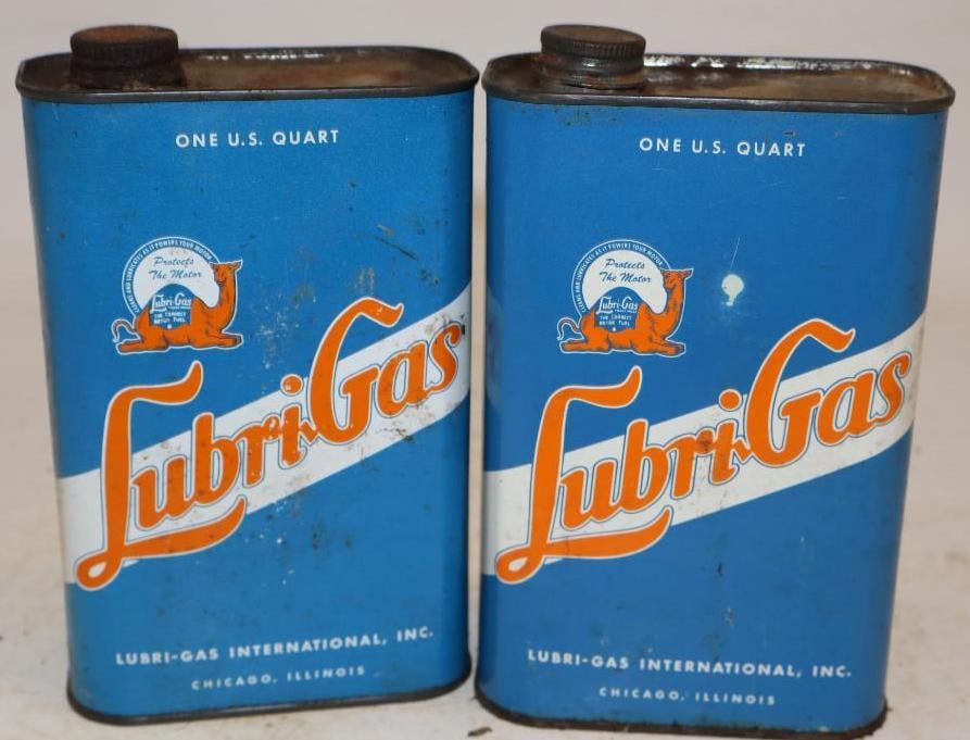 Pair of Lubri-Gas Metal One Quart Oil Cans: 4.5" x 2.25" x 7.5" each