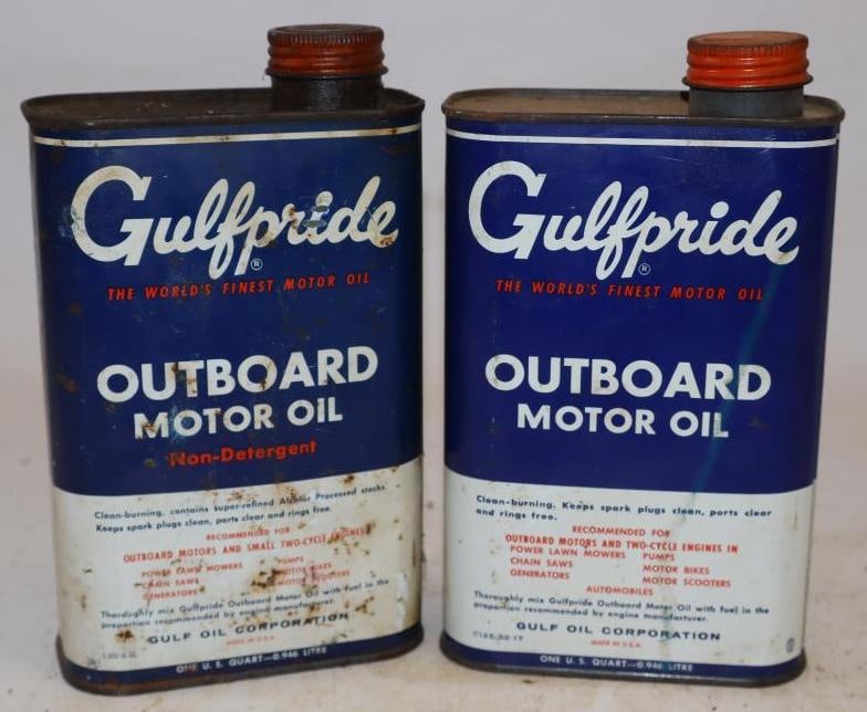 Pair of Gulfpride Metal One Quart Outboard Oil Cans: 4.5" x 2.25" x 7.5" each