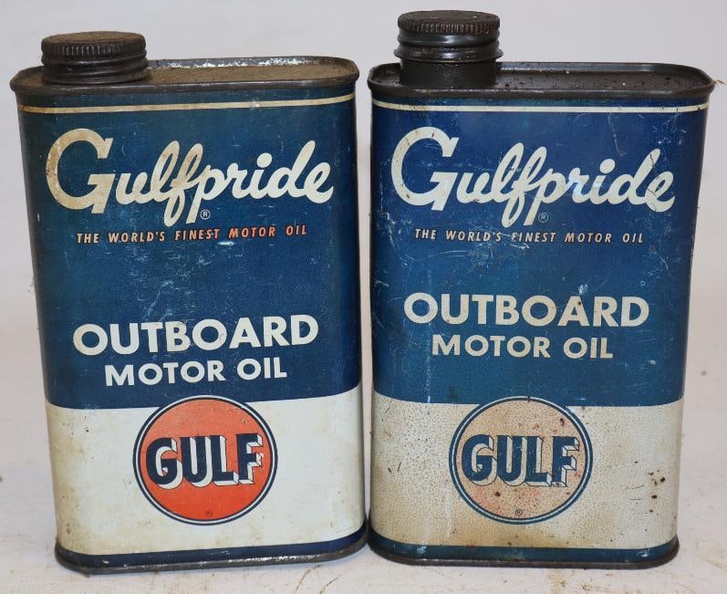 Pair of Gulfpride Metal One Quart Outboard Oil Cans: 4.5" x 2.25" x 7.5" each