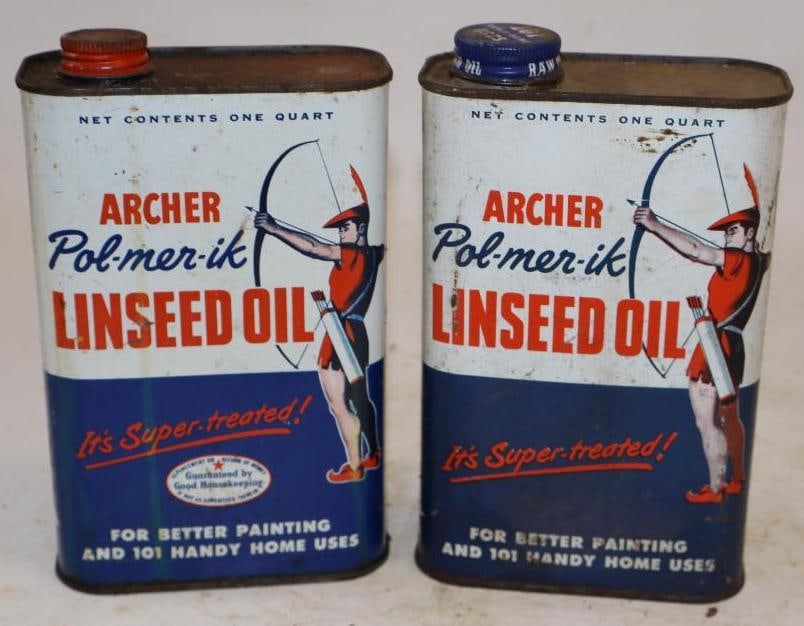 Group of 2 Archer Linseed Oil Metal One Quart Oil Cans: 4.5" x 2.25" x 7.5" each