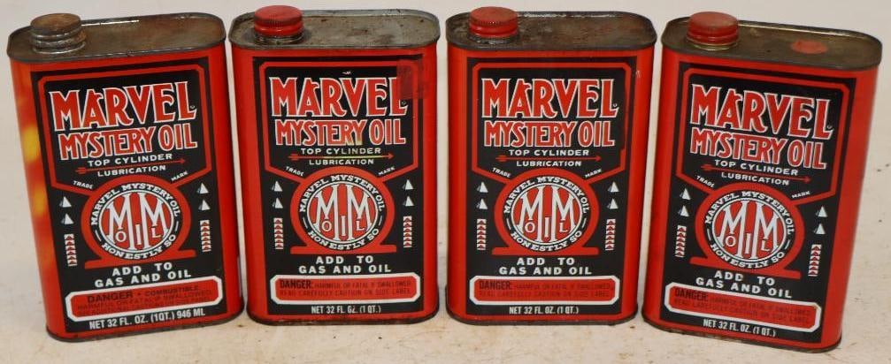 Group of 4 Marvel Mystery Oil Metal One Quart Oil Cans: 4.5" x 2.25" x 7.5" each