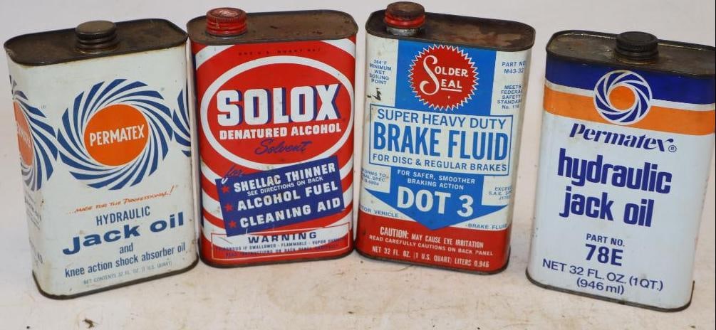 Group of 4 Solox, Solder Seal, and Permatex Metal One Quart Oil Cans: 4.5" x 2.25" x 7.5" each