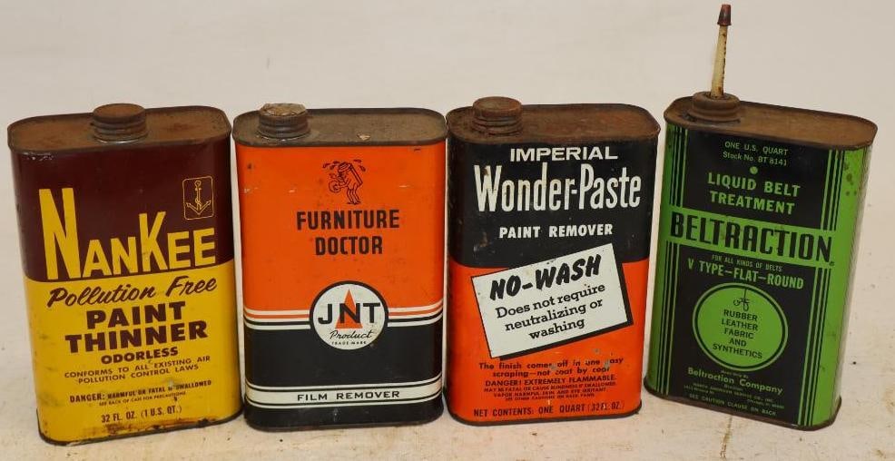 Group of 4 NanKee, JNT, Imperial, and Beltraction Metal One Quart Oil Cans: 4.5" x 2.25" x 7.5" each