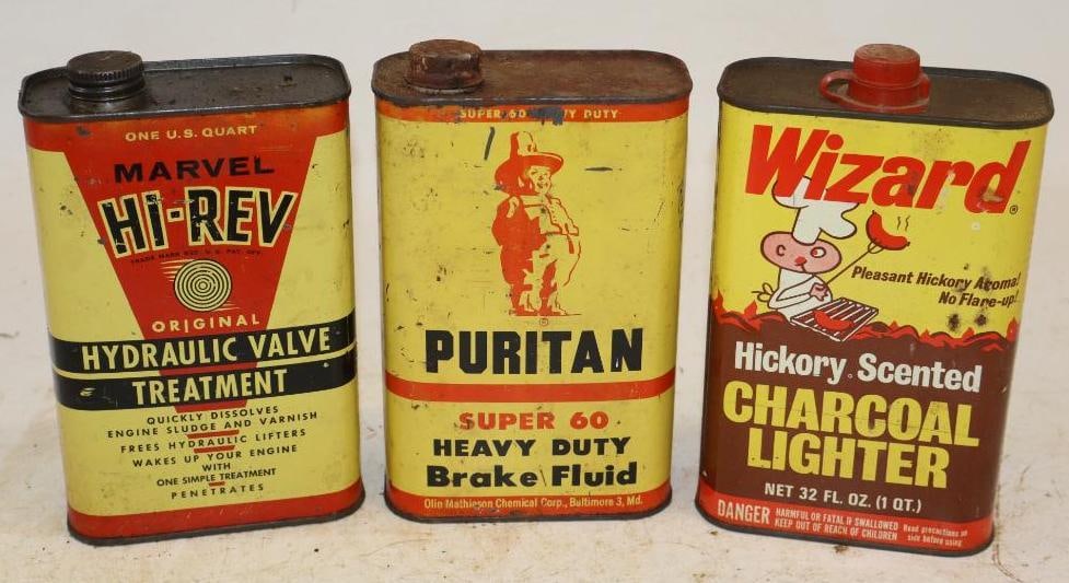 Group of 3 Hi-Rev, Puritan, and Wizard Metal One Quart Oil Cans and Lighter Fluid: 4.5" x 2.25" x 7.5" each